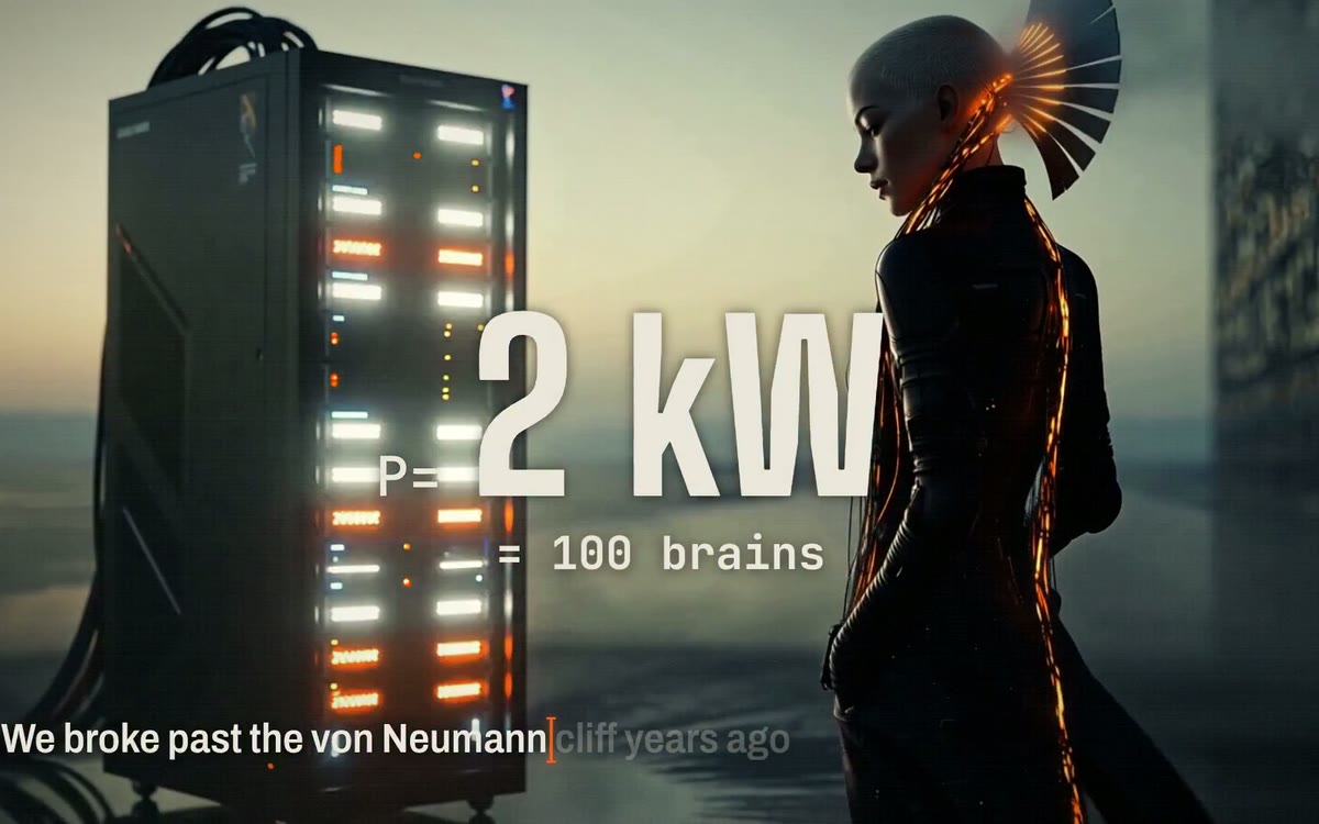 Still from Cache Miss — a glowing server rack and a cyborg woman, captioned 2 kW = 100 brains