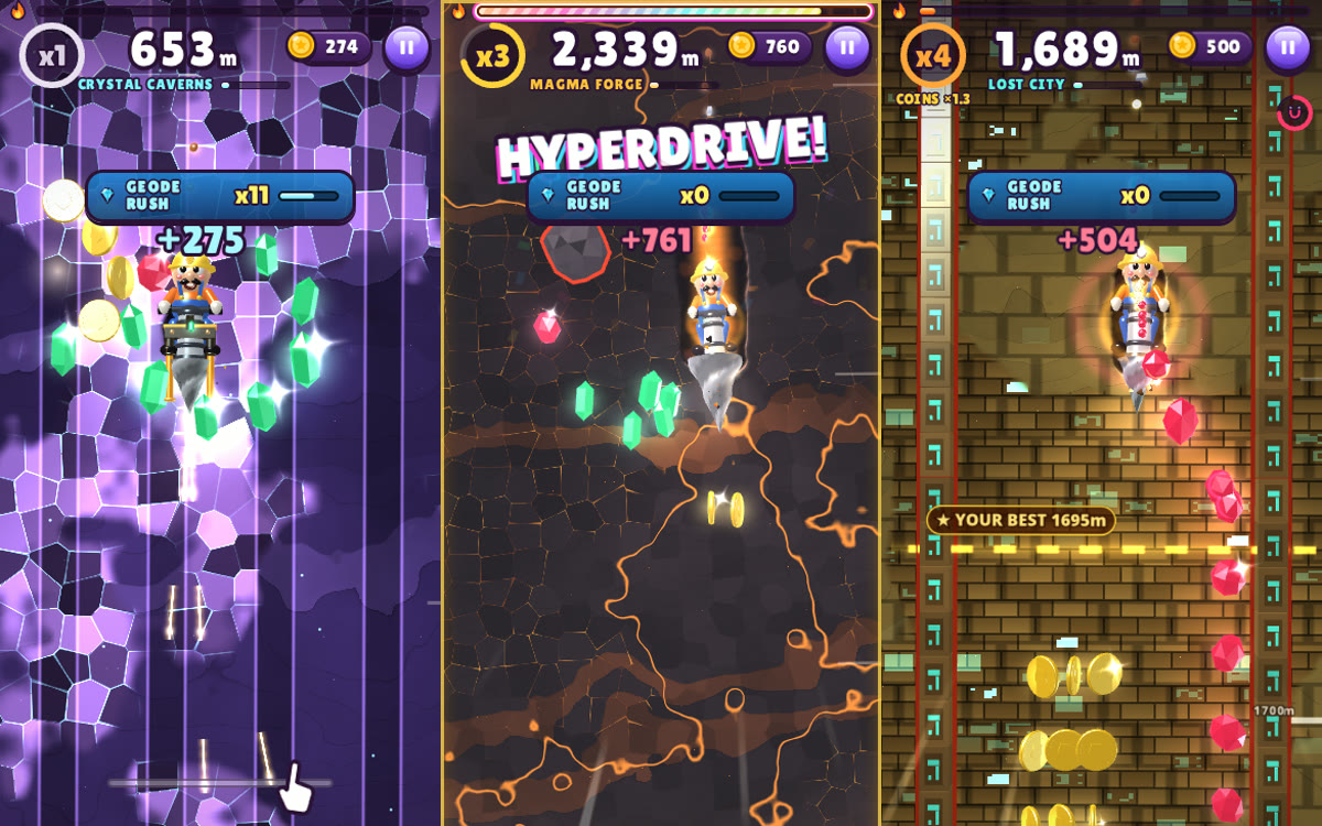 Three gameplay shots of Drilly Willy — drilling through crystal caverns, a magma forge and a lost city
