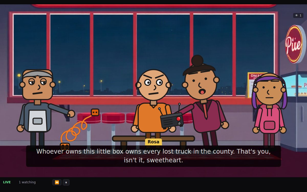Scene from Last Exit Diner — cartoon characters arguing in a roadside diner