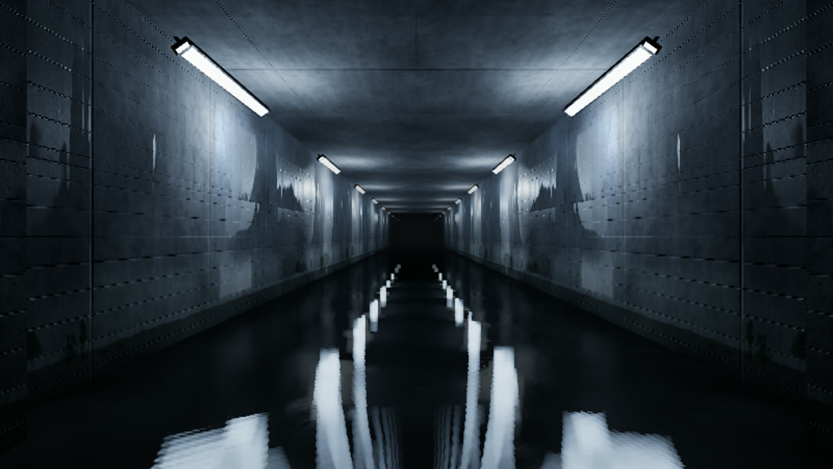 In-game shot of THE MARKER — a flooded concrete gallery